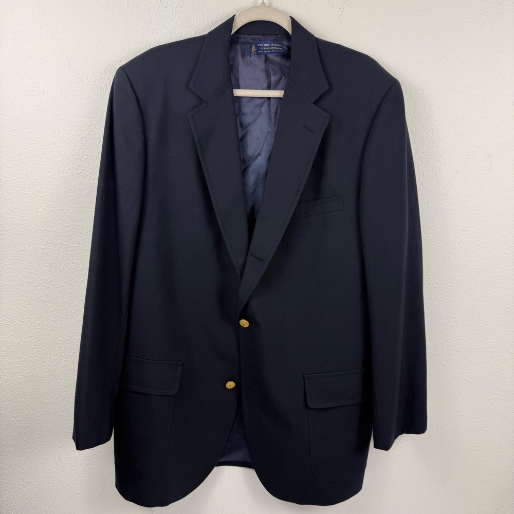 Brooks‎ Brothers Mens Navy Blue Wool 2 Button Blazer Gold Crest Buttons 44 XLG